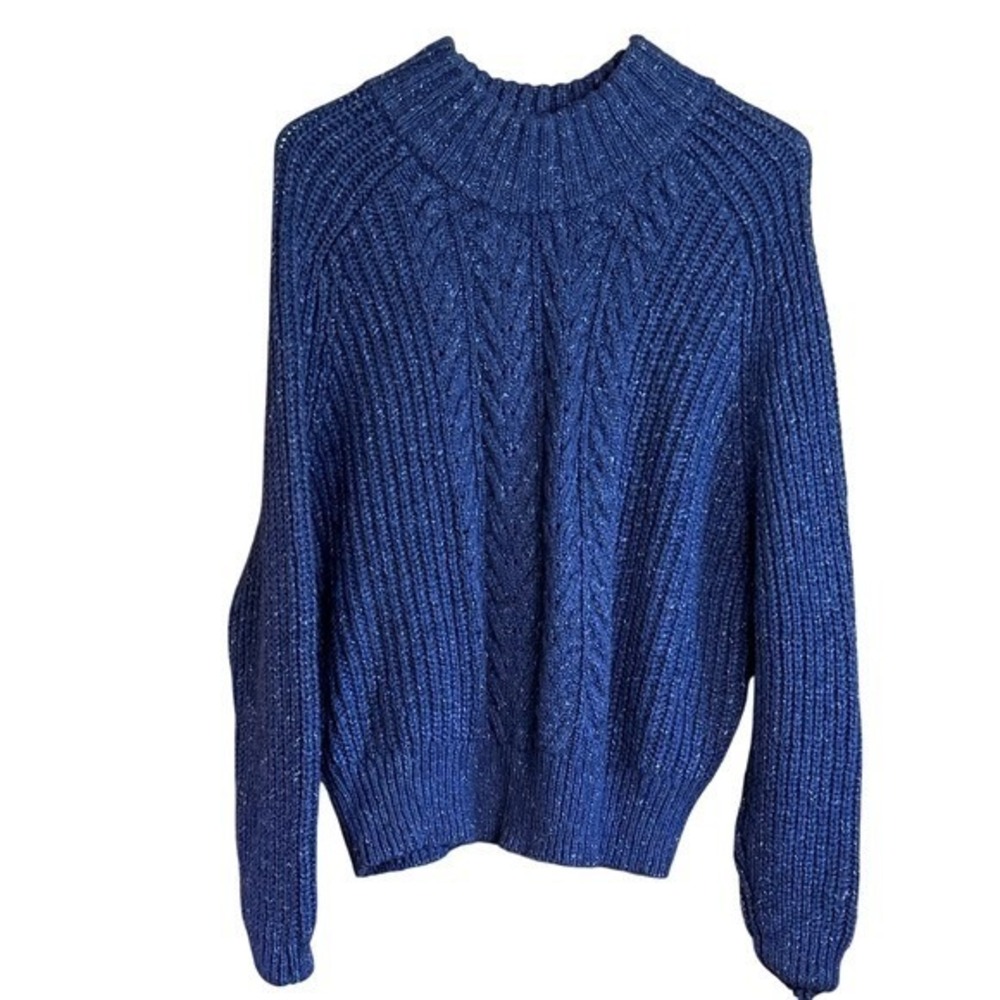 Women's Cable Knit Warm Mock Neck Sweater Blue Size L 12-14 Shimmer Knit - Picture 3 of 8